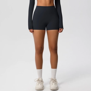 Close-up of black high-waist yoga shorts with seamless stitching and butt-lifting design