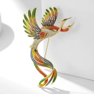 Elegant colorful phoenix brooch with vibrant gradient enamel and sparkling rhinestones