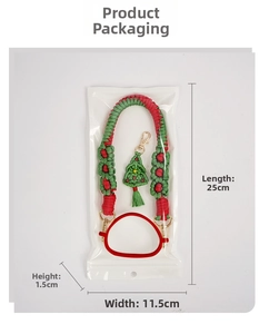 Christmas themed hand-woven cup strap with festive charms in clear packaging pouch
