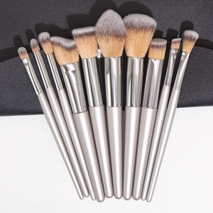 Professional 10pcs champagne makeup brush set with soft gradient bristles and silver handles