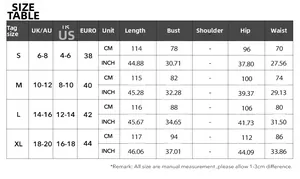 Detailed size guide table for elegant evening slip dress showing S to XL measurements