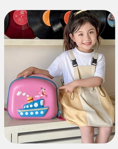 Pink EVA hardshell toddler backpack with 3D cartoon ship and airplane patterns