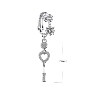 Detail of silver belly ring with multi-shape zircon charms and 29mm length measurement