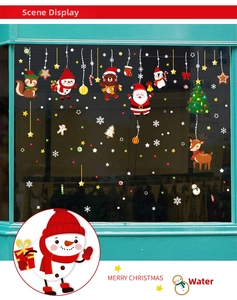 Detail of Christmas window static stickers featuring Santa, snowman and reindeer motifs