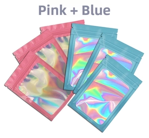 Detail view of pink and blue holographic resealable bags with clear window for jewelry