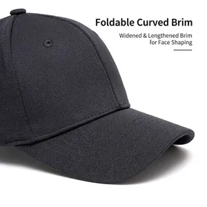 Classic black baseball cap with wide foldable brim and stiff fabric for sun protection