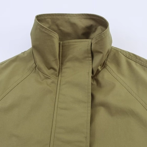 Olive green stand-up collar parka jacket with hidden placket and twill texture