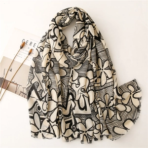 Women Shawl Scarf Printed Abstract Floral Geometric Cotton Linen Feel Polyester Tassels Sun Protection Beach Accessory