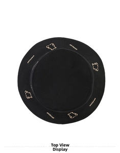 Close-up of black cotton sun hat with cute bear embroidery and unique text detail
