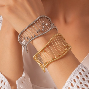 Bracelet Manchette En Maille Tissée Creuse Cuivre Fer Géométrique Ouvert Réglable Large Jonc Avec Perles Pour Femmes