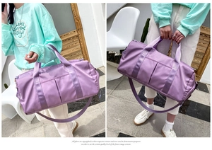 Outdoor lifestyle view of purple yoga fitness bag with adjustable straps and side pockets
