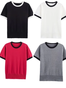 Dames Korte Mouw Gebreid T-shirt Ronde Hals Contrastkleurige Bies Slim Fit Pullover Gebreide Top Streetstyle Casual Zomer Breigoed