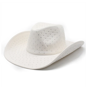 Macro shot of white suede cowboy hat featuring sparkling rhinestones and Y2K style finish