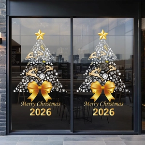 Weihnachtsbaum Fensteraufkleber Gold Weiß Schneeflocke Rentier Statisch Haftend PVC Glasaufkleber Festliche Deko 2026