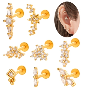 F136 Titanium Alloy Labret Stud Earring With Copper Inlaid Zircon Flower Cross Star Shape Internal Thread Jewelry