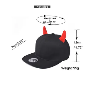 Detailed size chart for black hip hop hat with red horns showing 56-60cm circumference