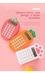 Detailed flat lay of strawberry, carrot, and cat paw 8-digit cartoon calculators