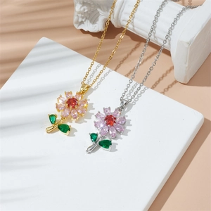 Floral titanium steel necklace with colorful zircons in gold and silver finishes