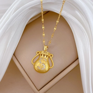 Elegant gold money bag pendant necklace with sparkling zircon dollar sign detail