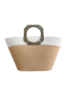 Minimalist woven cotton rope tote bag with khaki contrast and octagonal wood handles