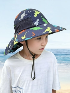 Detail of kids sun hat featuring blue quick-dry fabric and colorful dinosaur prints