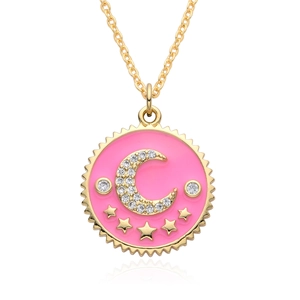 Golden necklace with pink enamel circular pendant featuring zircon moon and stars