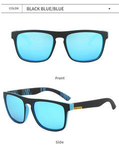 Close-up of polarized sports sunglasses with blue mirrored lenses and matte black frame