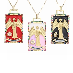 Collier Pendentif Carte De Tarot Cuivre Zircon Coloré Émail Ange Soleil Bijoux Chaîne De Clavicule Vintage Pour Femmes
