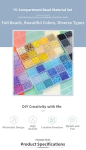 Detail of 15-grid storage box filled with colorful glass seed and bugle beads for DIY