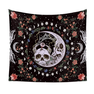 Gothic skull and moon phase floral tapestry for aesthetic room wall decor and hanging
