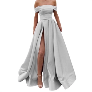Elegant silver-grey satin off-shoulder evening gown with high waist and side slit