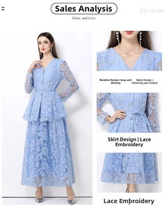 Detail shots of light blue floral lace embroidery on V-neck top and matching maxi skirt