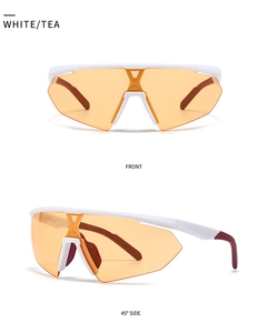 Detail view of white semi-rimless sports sunglasses with orange lenses in front and side views