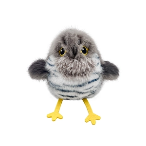 Electric plush owl cat toy with grey feathers and yellow eyes for indoor pet play