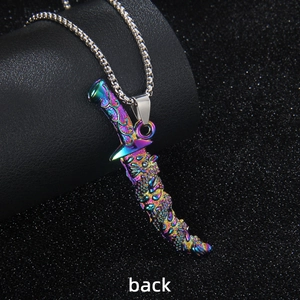 Iridescent stainless steel dagger pendant with intricate dragon totem on cross chain
