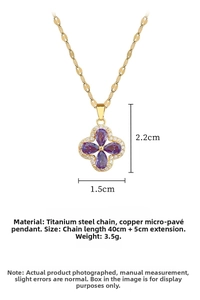 Detail view of gold titanium steel necklace with purple amethyst clover pendant size 40+5cm