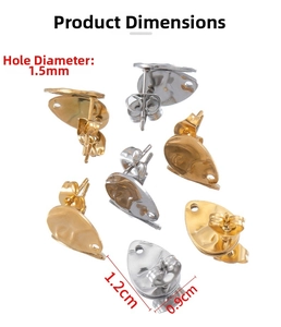 Detailed view of 18k gold teardrop earring studs with size dimensions and 1.5mm holes