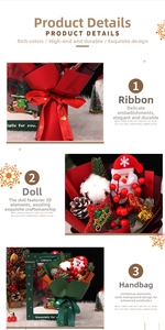 Detail of Christmas bouquet with Santa plush, pine cones and Merry Christmas ribbon