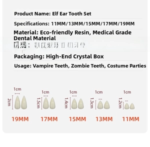 Size chart for vampire fangs in 11mm to 19mm made of eco-friendly resin for cosplay