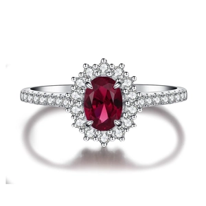 S925 sterling silver ring with oval ruby red zircon and halo white diamonds in silver setting