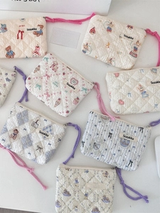 Quilted Cotton Makeup Bag Mini Coin Purse Floral Cartoon Print Padded Zipper Storage Pouch With Rope Handle For Women