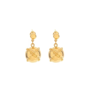 Minimalist gold ball earrings with unique cross chain wrap design on a clean background