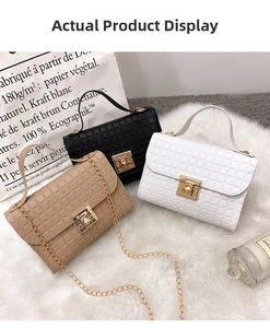Detailed view of patterned square chain bags in khaki, black, and white with metal locks