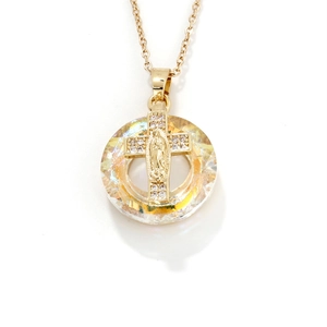 Golden necklace with Saint Mary portrait pendant and sparkling cross details on white background