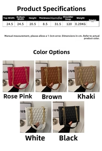 Size guide for women quilted tote bag with dimensions and 5 color options in PU leather