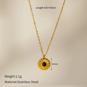 Detailed view of golden stainless steel sunflower pendant necklace with size parameters