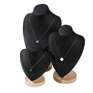 Three-piece solid wood base jewelry neck displays in black matte for necklace storage