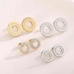 Round Stud Earrings Stainless Steel Rhinestone Hollow Geometric Circle Jewelry For Women Fashion Commuter Elegant Style