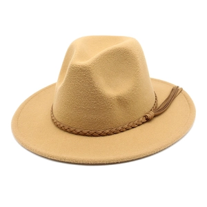 Close-up of khaki wool fedora hat with a woven brown leather band and tassel detail