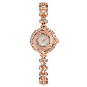 Luxury rose gold women's quartz watch with full rhinestone inlay on bezel and bracelet